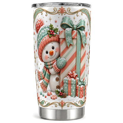 Snowman Present Tumbler 20oz, Holiday Tumbler, Stainless Steel Travel Cup