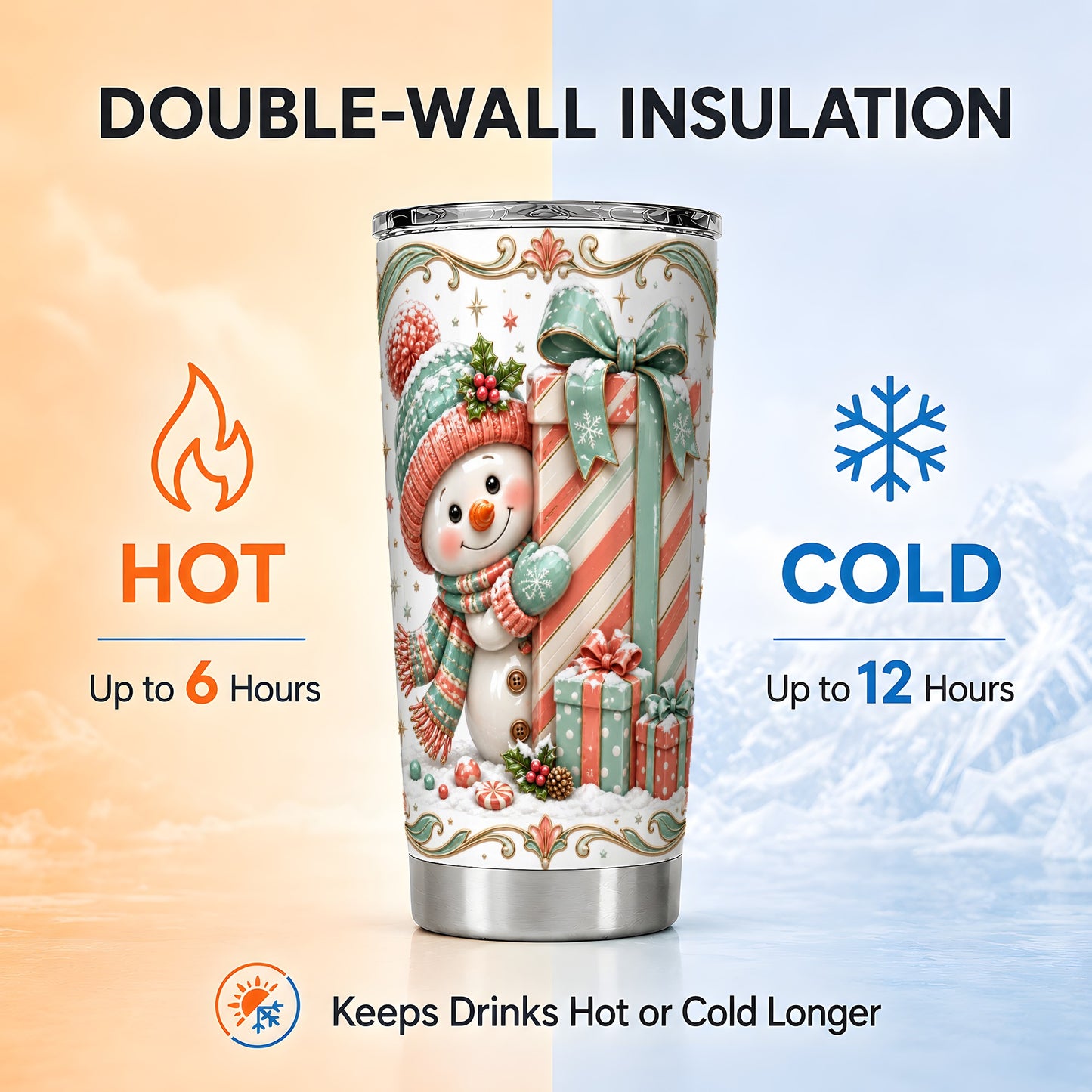 #pl[20oz|Steel] Snowman Present Tumbler 20oz, Holiday Tumbler, Stainless Steel Travel Cup