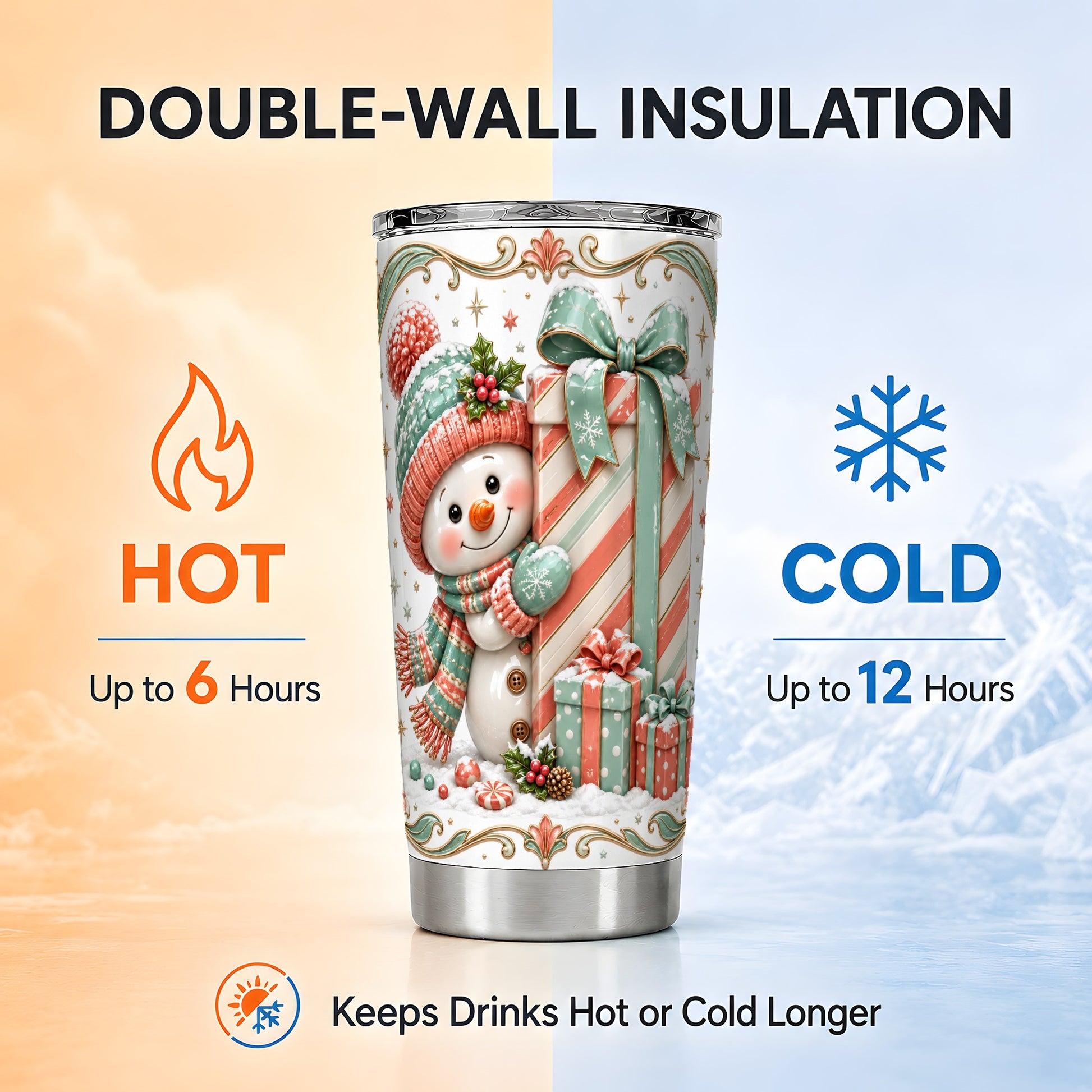 #pl[20oz|Steel] Snowman Present Tumbler 20oz, Holiday Tumbler, Stainless Steel Travel Cup