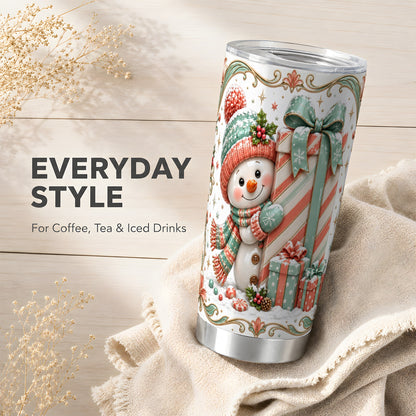 #pl[20oz|Steel] Snowman Present Tumbler 20oz, Holiday Tumbler, Stainless Steel Travel Cup