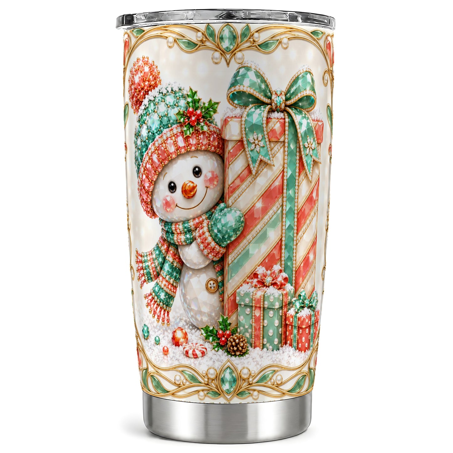 Snowman Present Tumbler 20oz, Holiday Tumbler, Stainless Steel Travel Cup