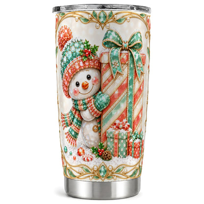 Snowman Present Tumbler 20oz, Holiday Tumbler, Stainless Steel Travel Cup