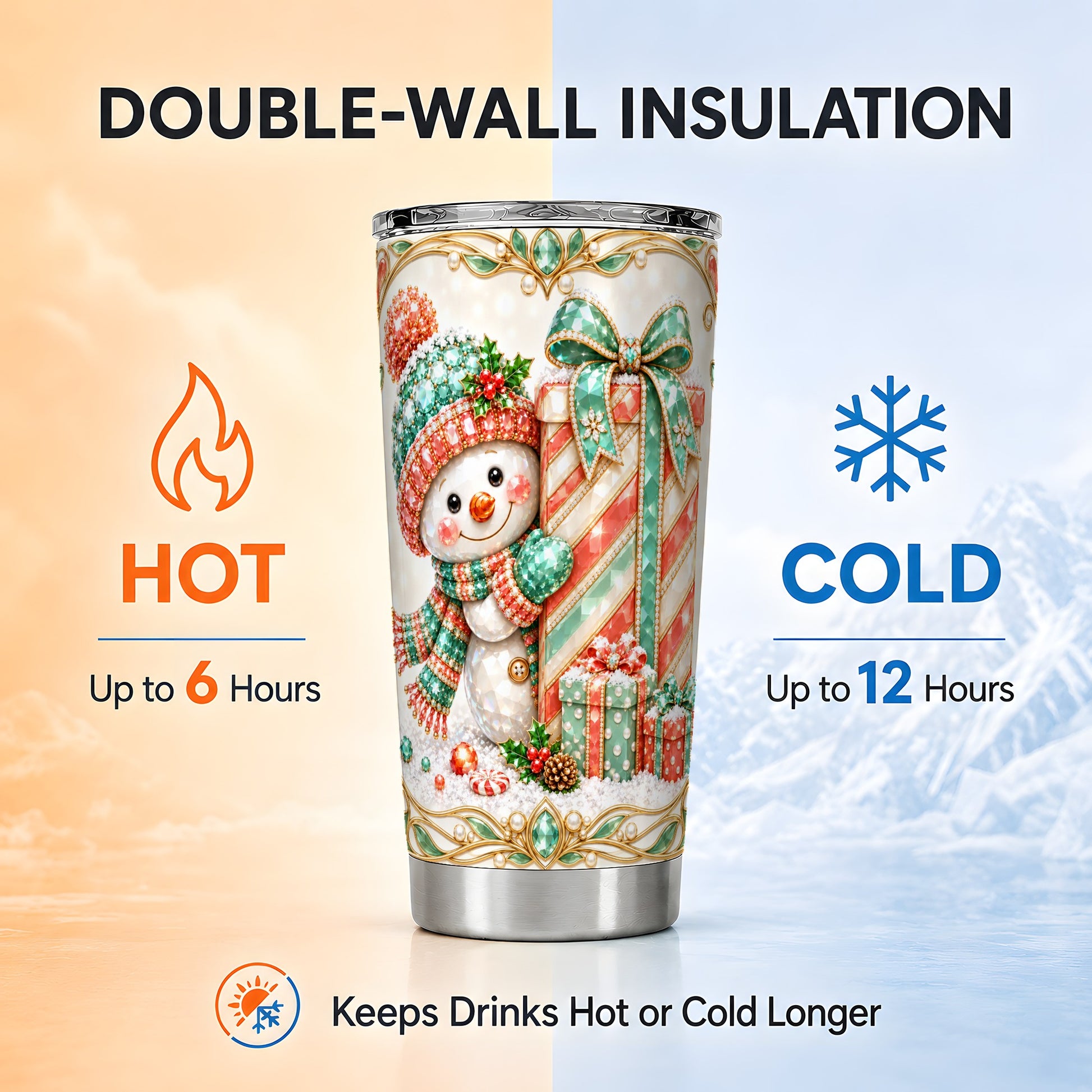 #pl[20oz|Steel] Snowman Present Tumbler 20oz, Holiday Tumbler, Stainless Steel Travel Cup