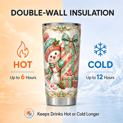 #pl[20oz|Steel] Snowman Present Tumbler 20oz, Holiday Tumbler, Stainless Steel Travel Cup