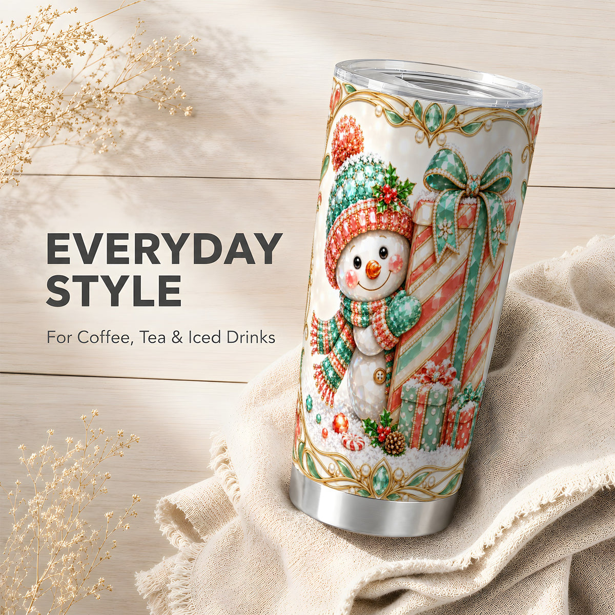 #pl[20oz|Steel] Snowman Present Tumbler 20oz, Holiday Tumbler, Stainless Steel Travel Cup