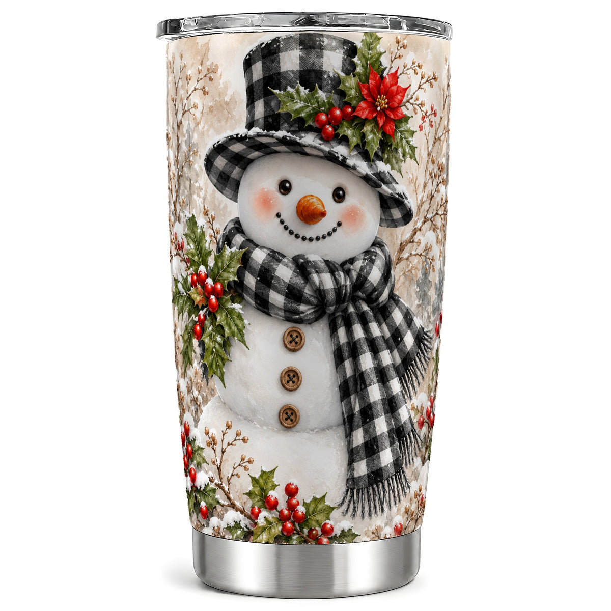 Plaid Snowman Tumbler 20oz, Winter Tumbler, Stainless Steel Travel Cup
