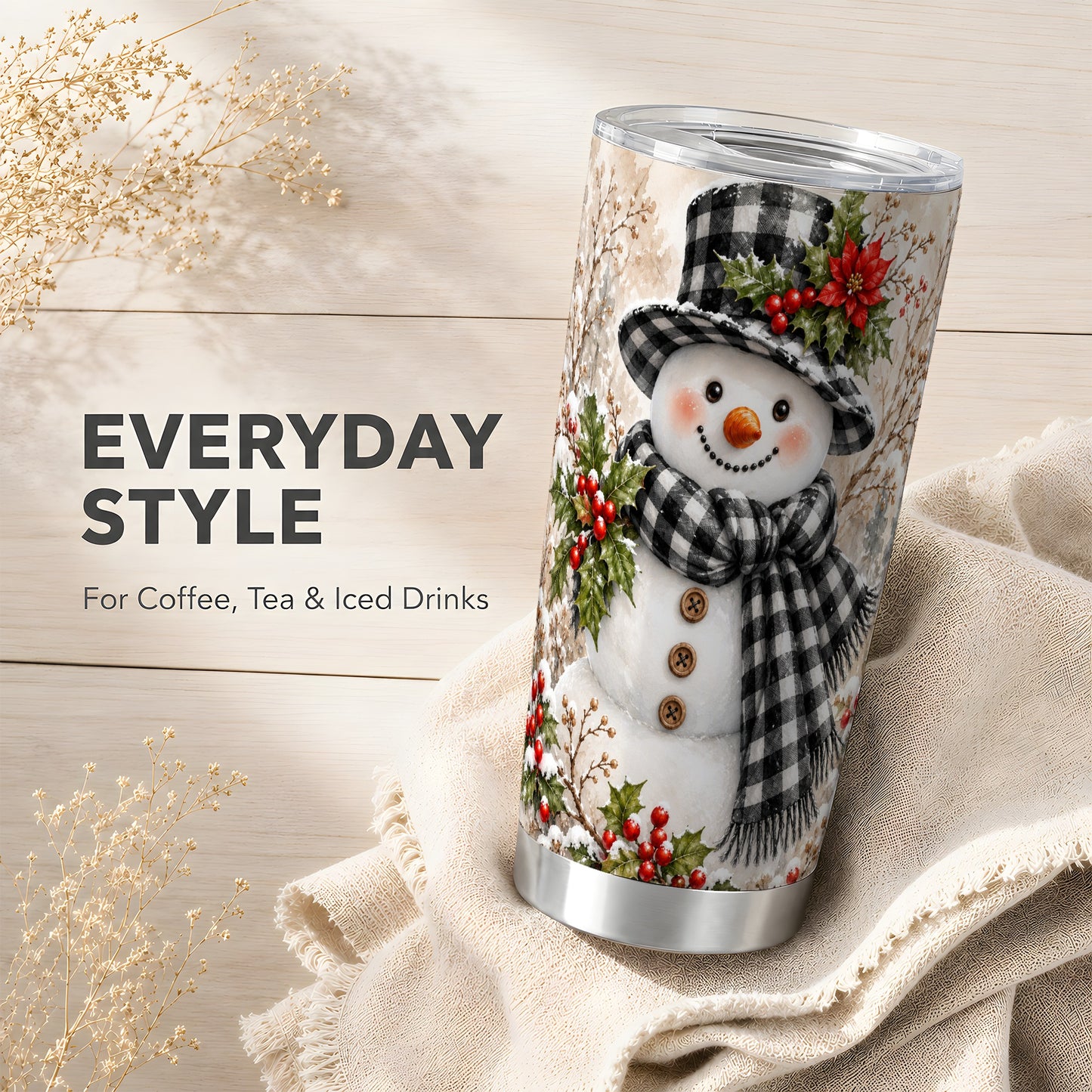 #pl[20oz|Steel] Plaid Snowman Tumbler 20oz, Winter Tumbler, Stainless Steel Travel Cup