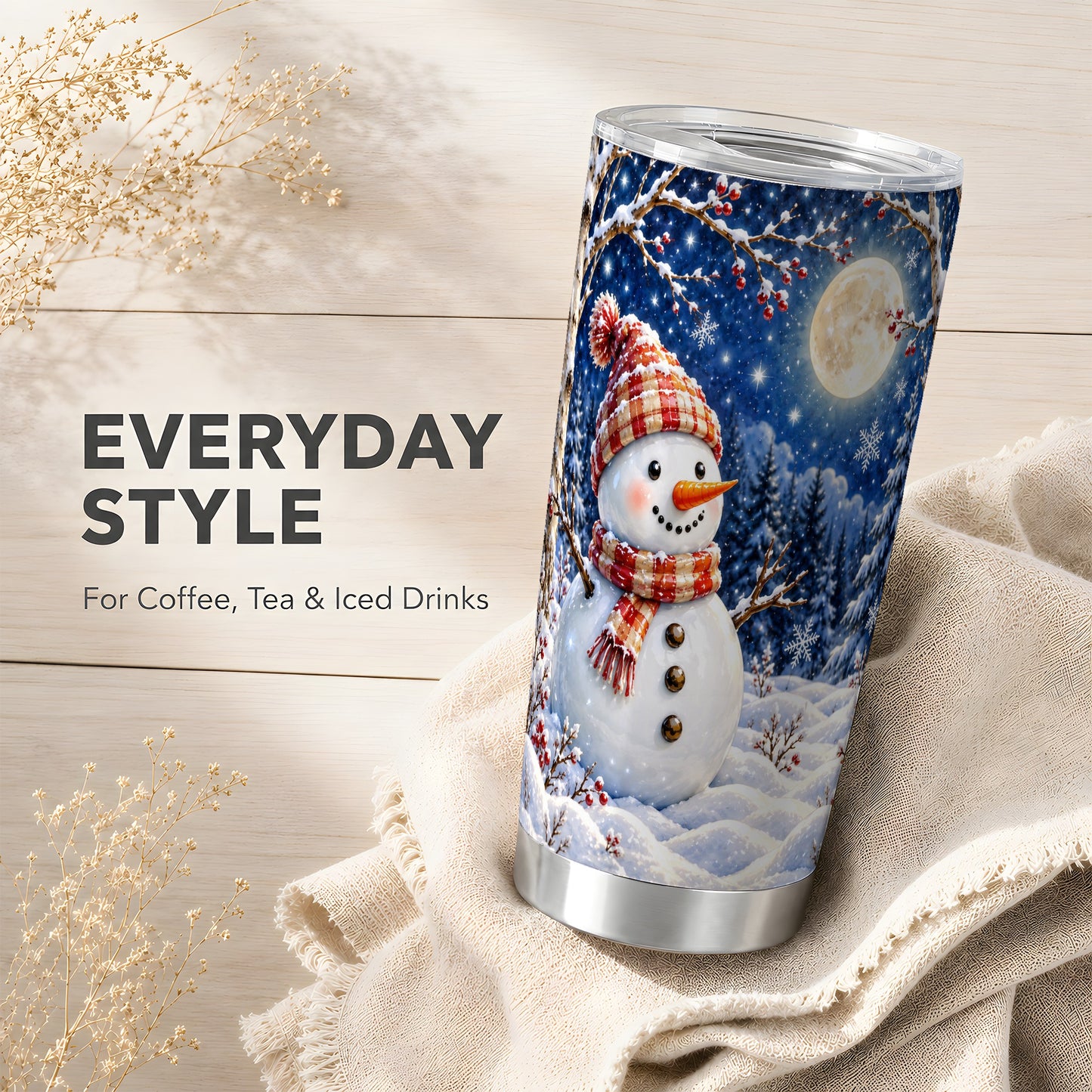 #pl[20oz|Steel] Moon Snowman Tumbler 20oz, Winter Tumbler, Stainless Steel Travel Cup