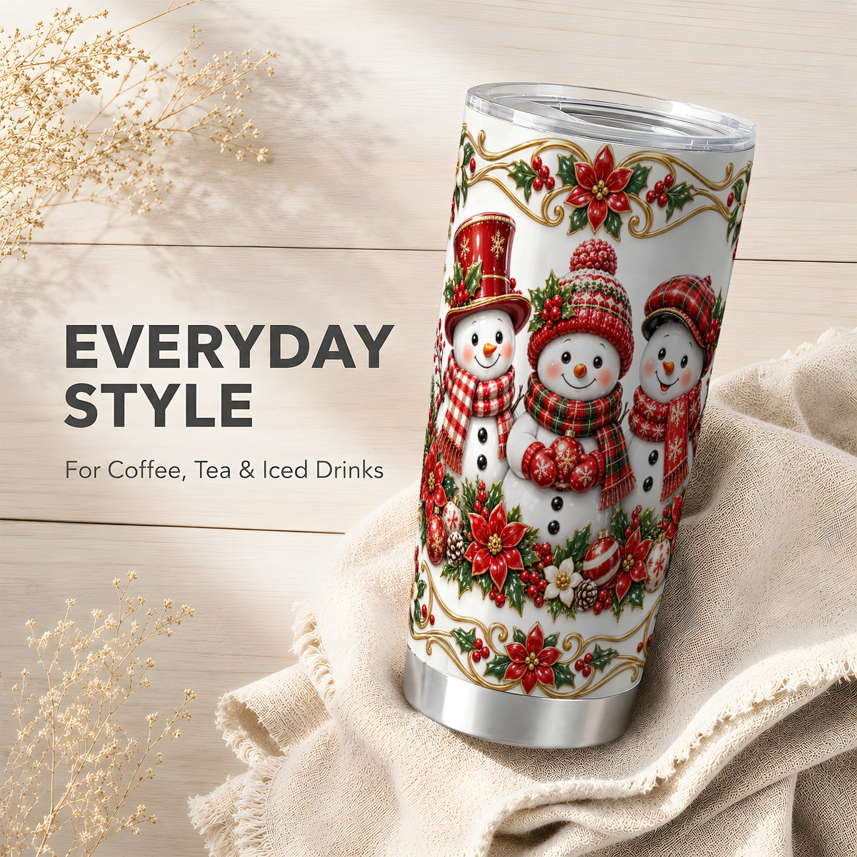 #pl[20oz|Steel] Snowman Tumbler 20oz, Holly Tumbler, Stainless Steel Travel Cup
