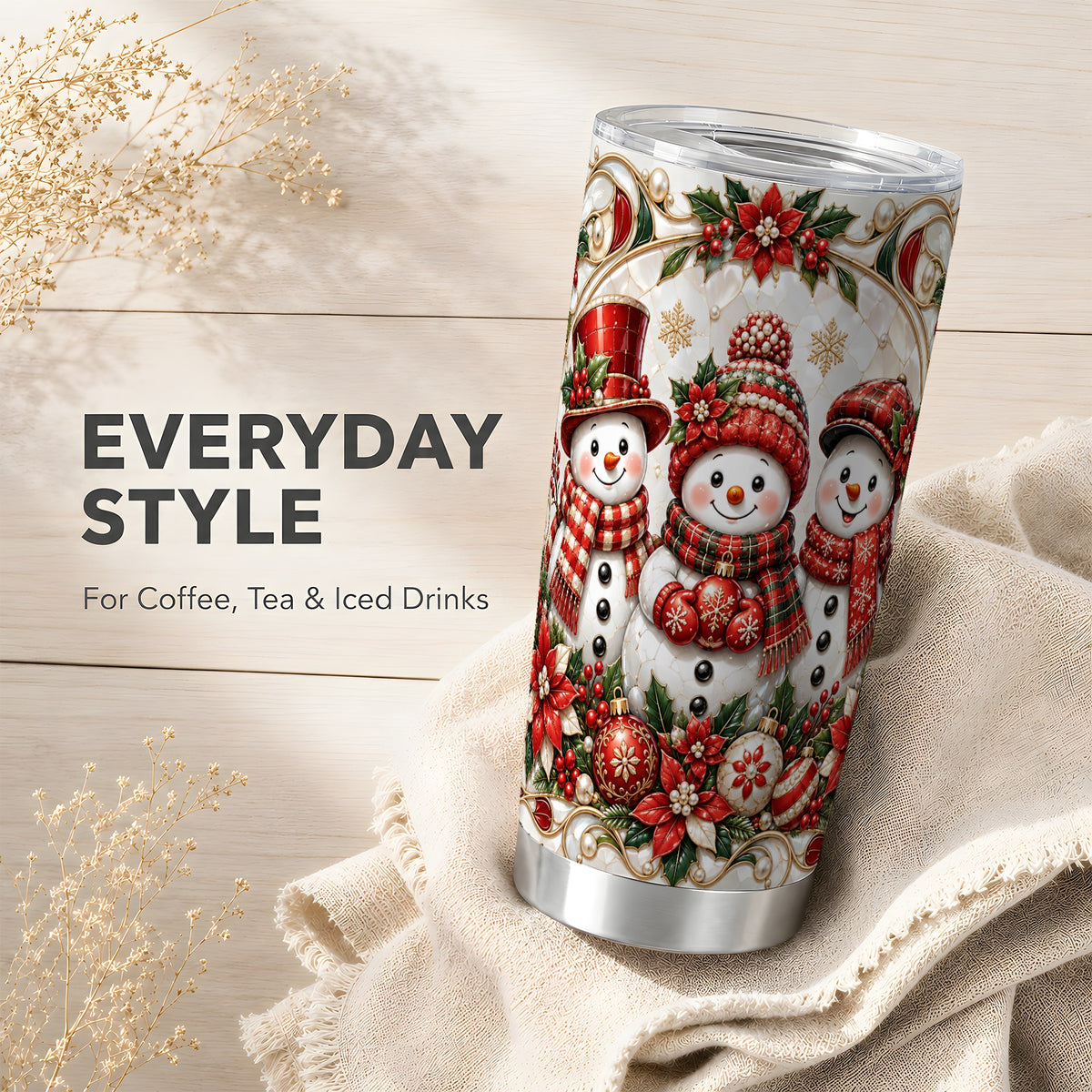 #pl[20oz|Steel] Snowman Tumbler 20oz, Poinsettia Tumbler, Stainless Steel Travel Cup