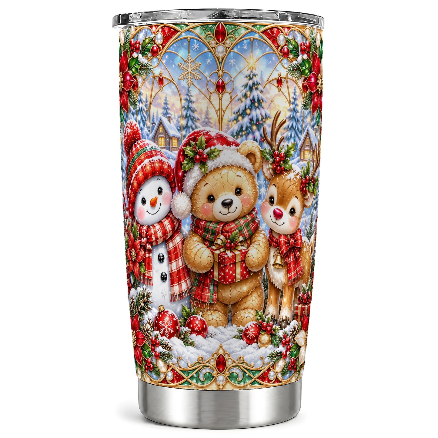Snowman Tumbler 20oz, Reindeer Tumbler, Stainless Steel Travel Cup