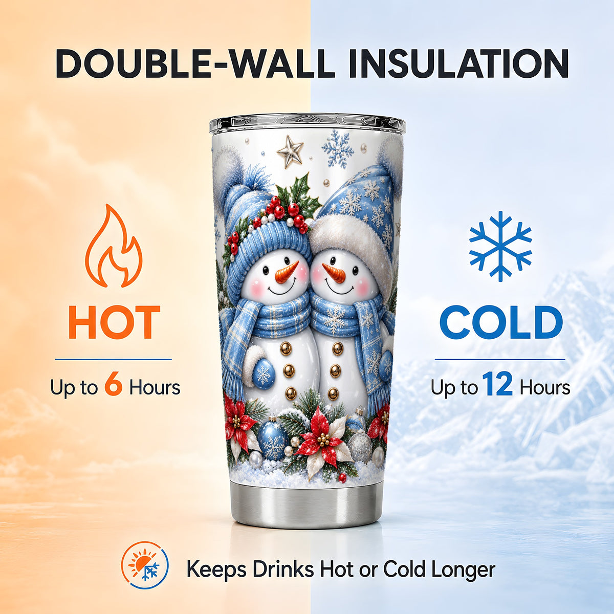 #pl[20oz|Steel] Snowman Couple Tumbler 20oz, Winter Tumbler, Stainless Steel Travel Cup