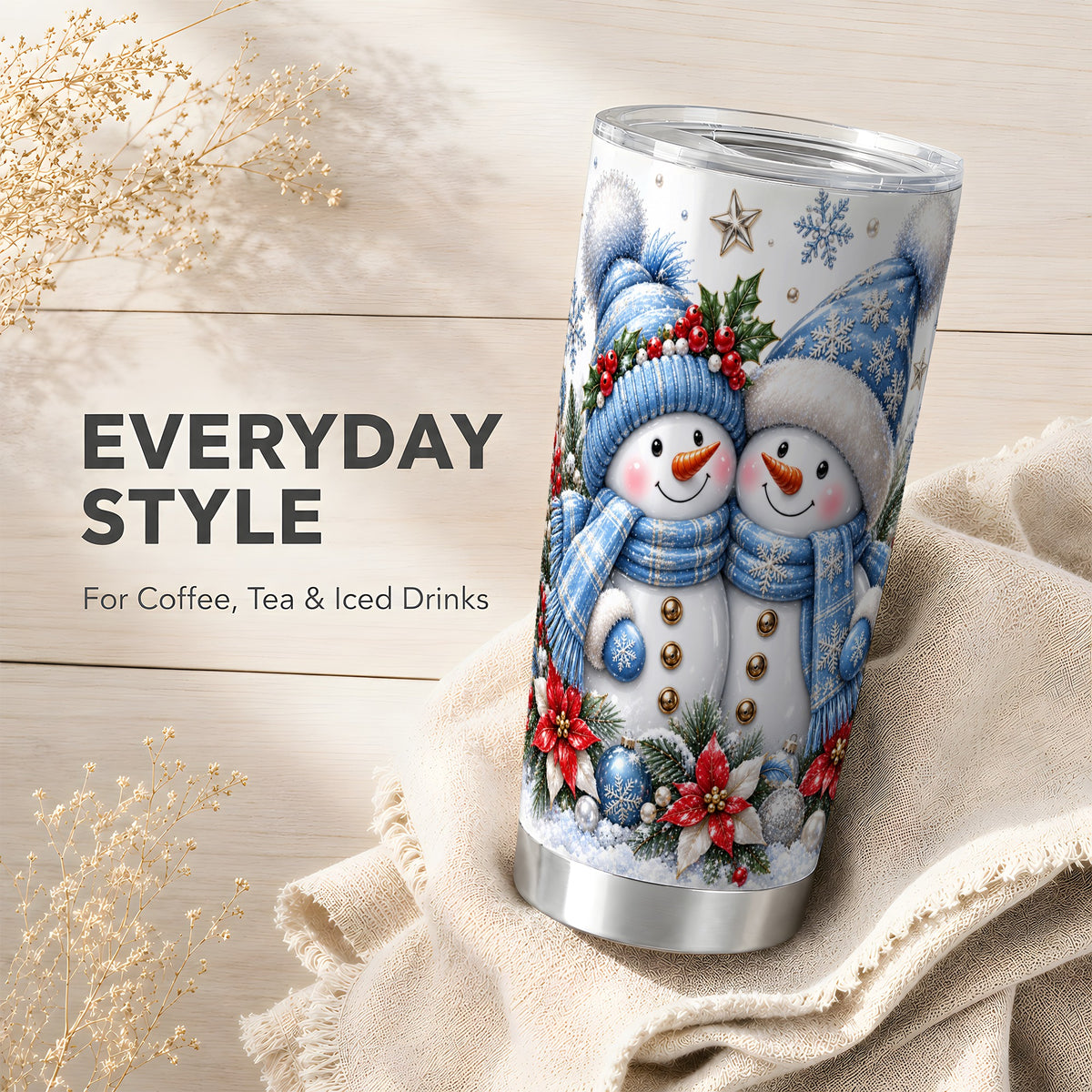 #pl[20oz|Steel] Snowman Couple Tumbler 20oz, Winter Tumbler, Stainless Steel Travel Cup