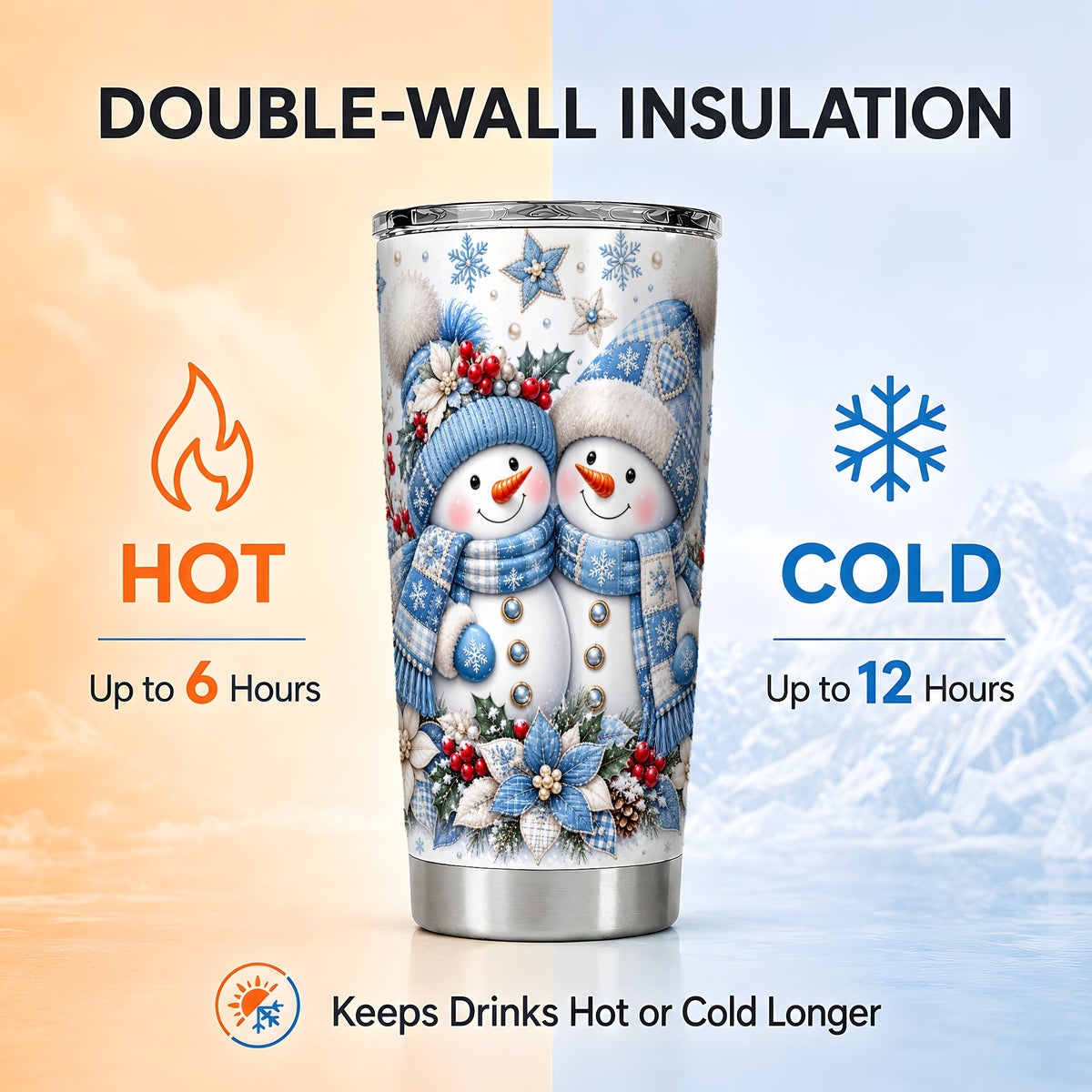 #pl[20oz|Steel] Snowman Couple Tumbler 20oz, Winter Tumbler, Stainless Steel Travel Cup