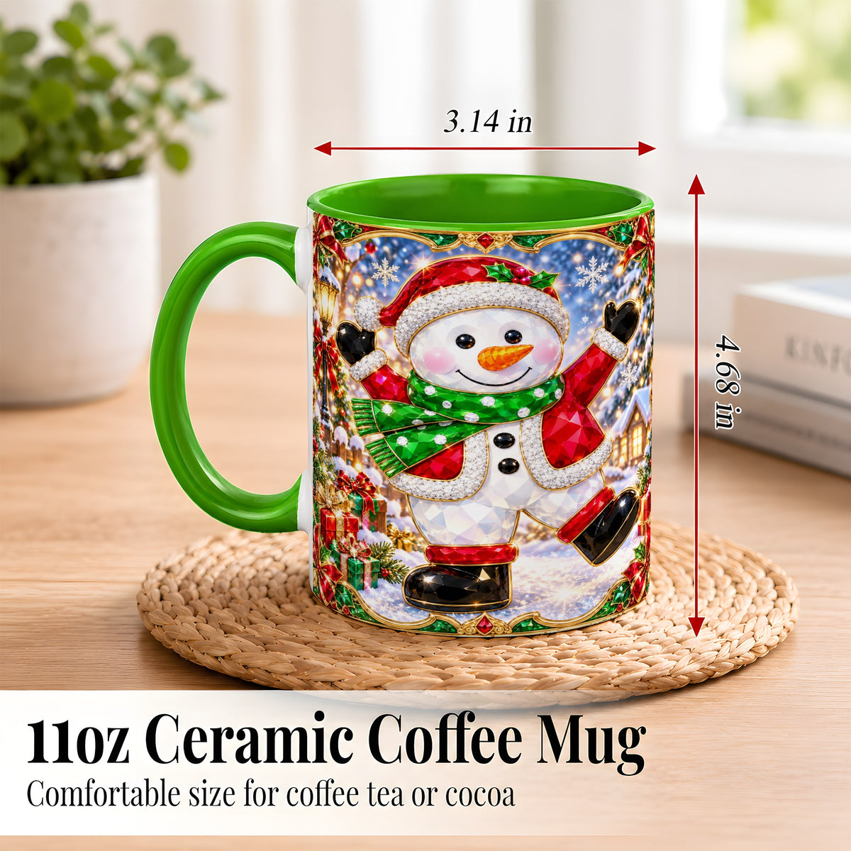 #pl[11oz|Green] Christmas Snowman Coffee Mug, Holiday Snowman Mug, Ceramic Cup
