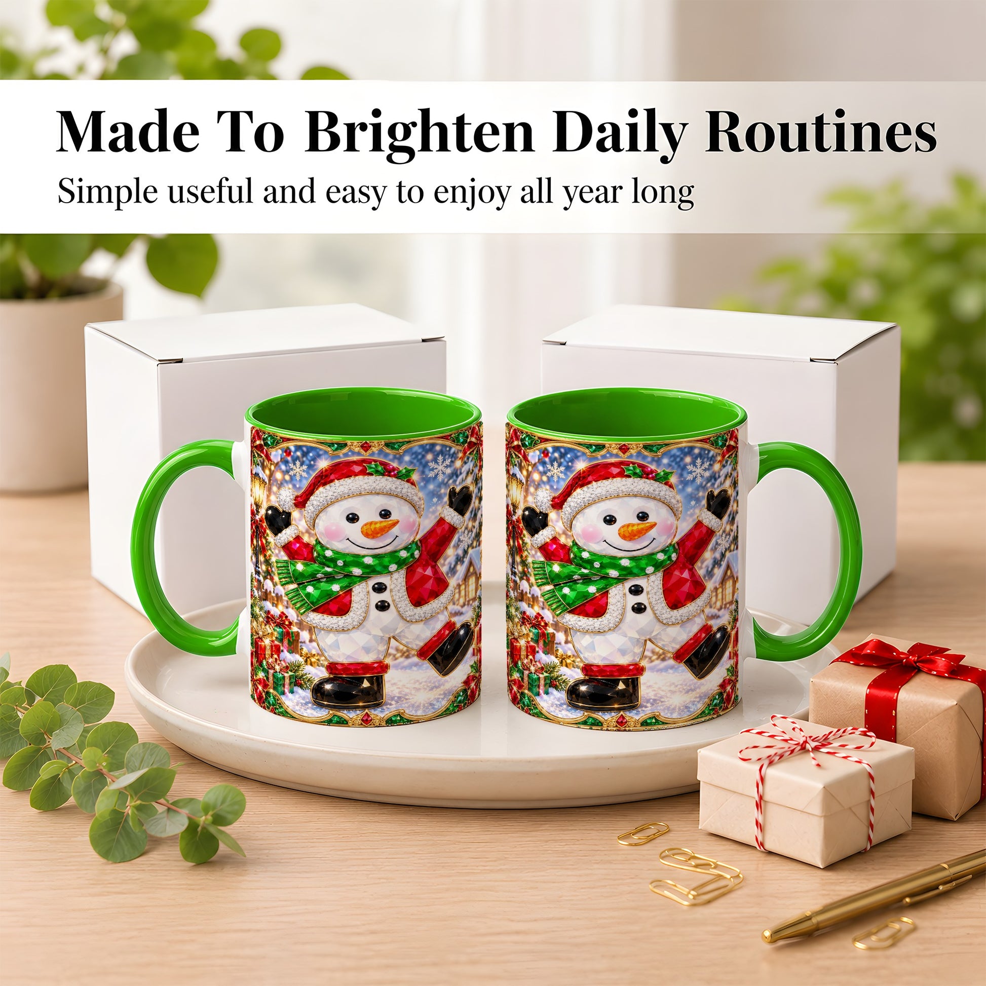 #pl[11oz|Green] Christmas Snowman Coffee Mug, Holiday Snowman Mug, Ceramic Cup