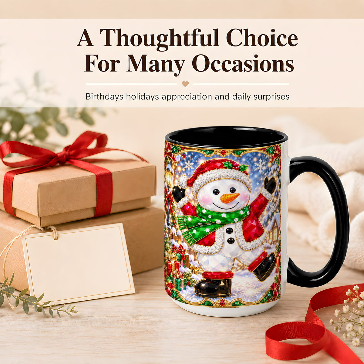 #pl[15oz|Black] Christmas Snowman Coffee Mug, Holiday Snowman Mug, Ceramic Cup