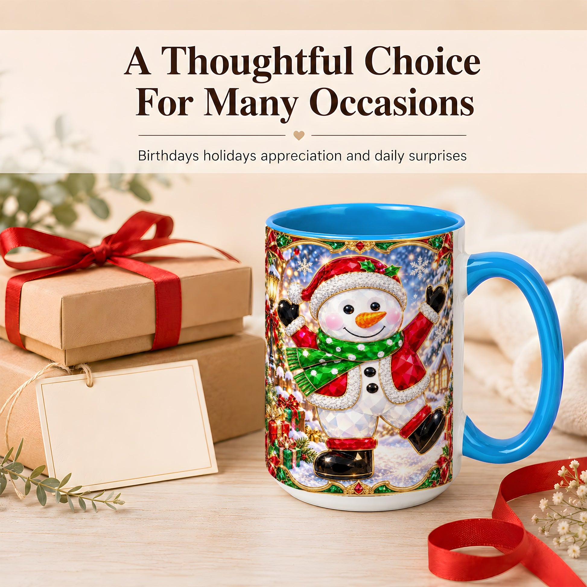 #pl[15oz|Blue] Christmas Snowman Coffee Mug, Holiday Snowman Mug, Ceramic Cup