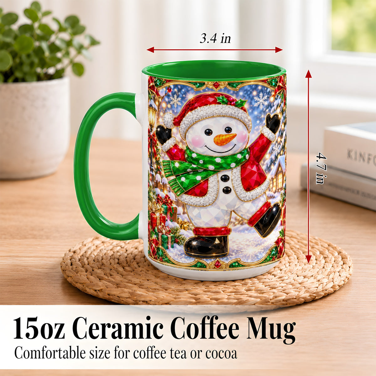#pl[15oz|Green] Christmas Snowman Coffee Mug, Holiday Snowman Mug, Ceramic Cup