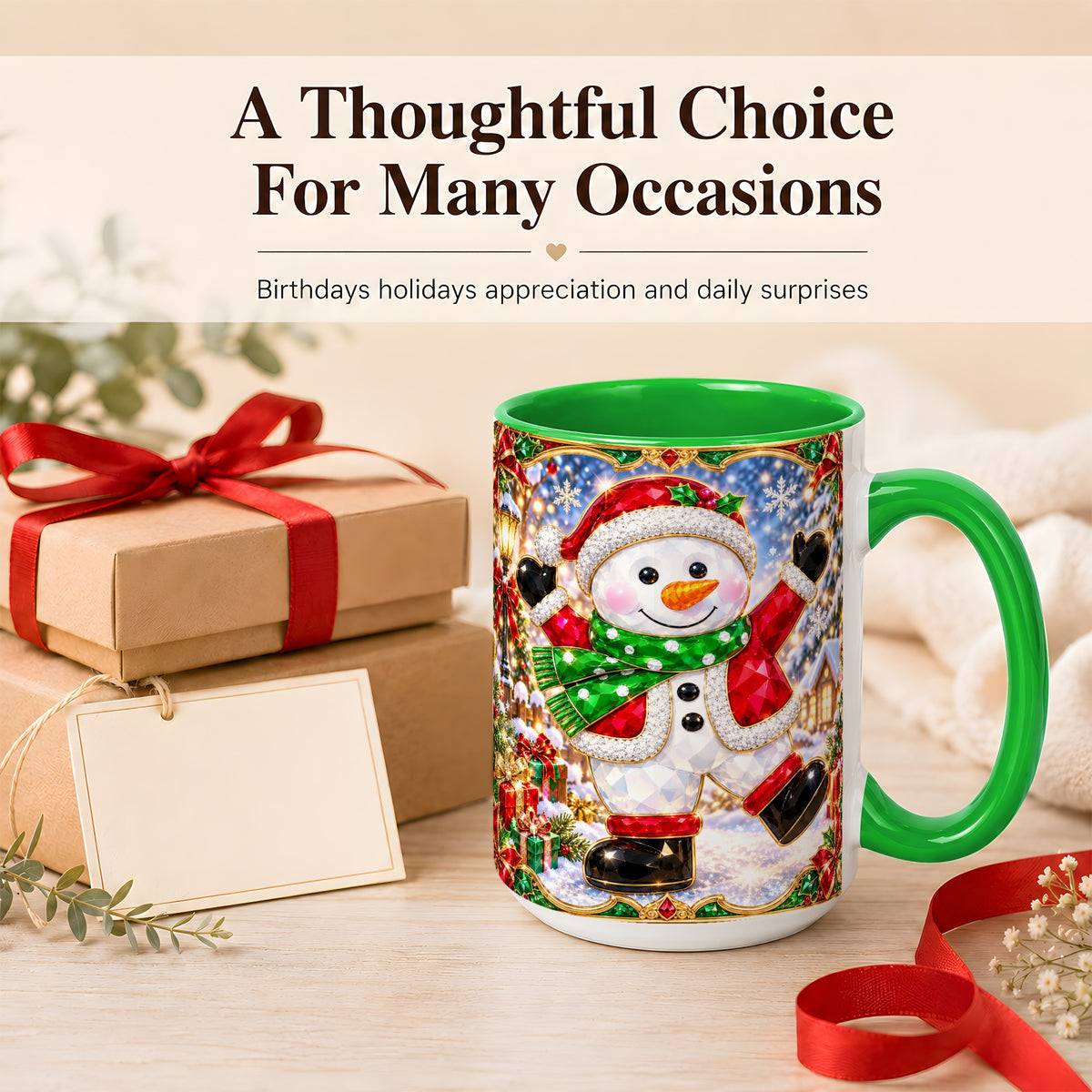 #pl[15oz|Green] Christmas Snowman Coffee Mug, Holiday Snowman Mug, Ceramic Cup