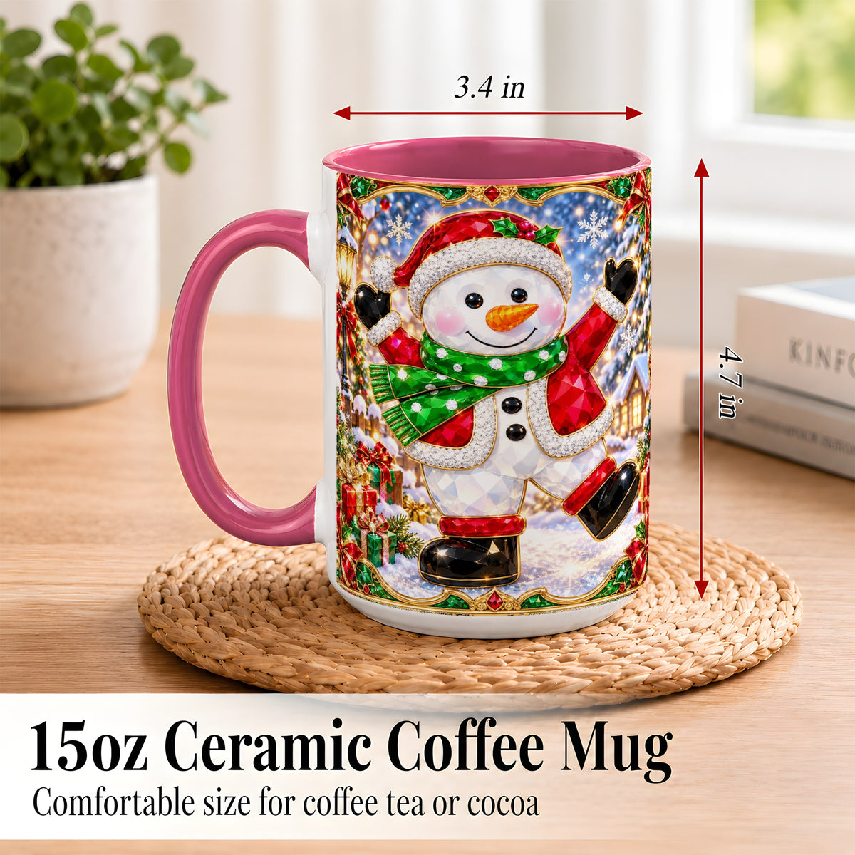 #pl[15oz|Pink] Christmas Snowman Coffee Mug, Holiday Snowman Mug, Ceramic Cup