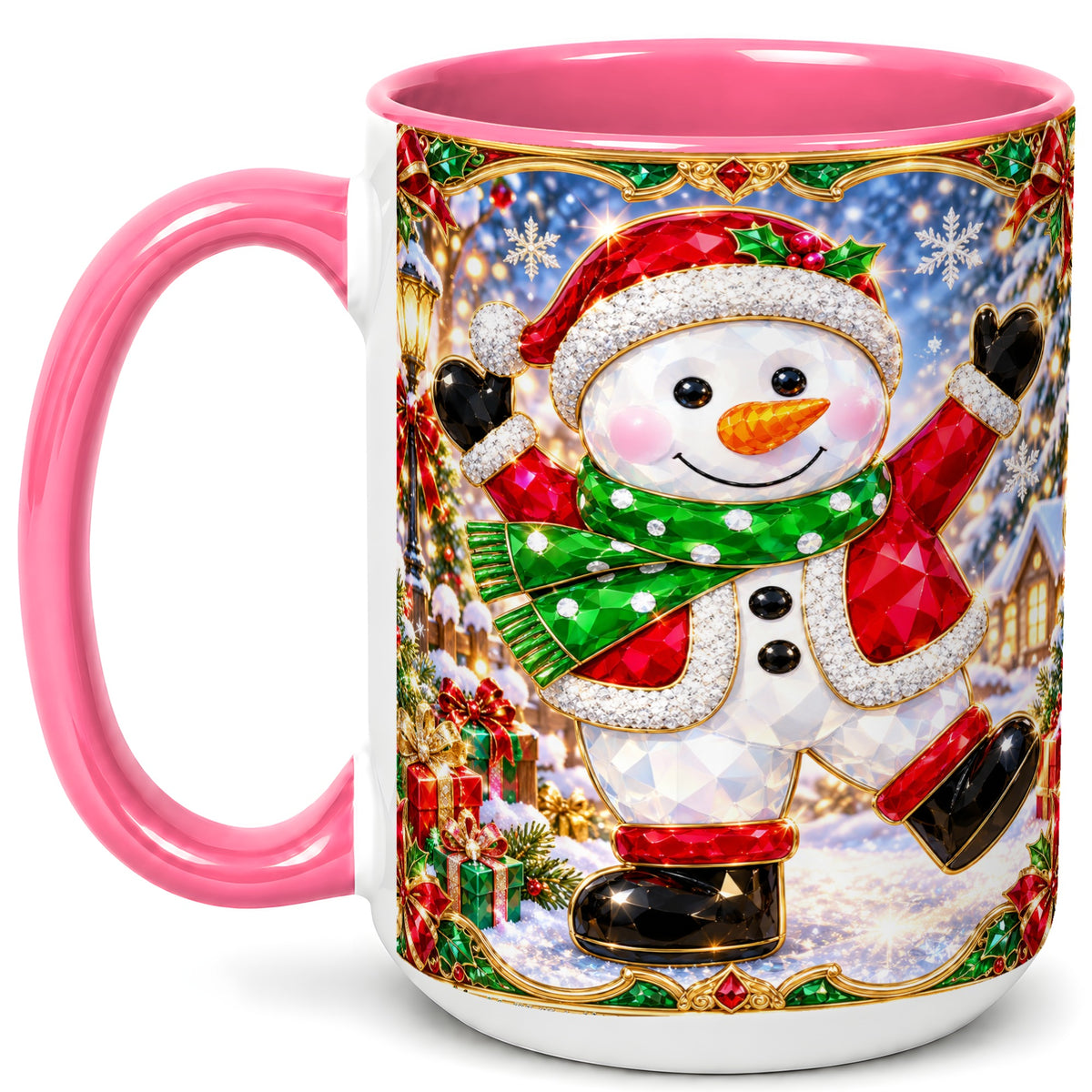 #pl[15oz|Pink] Christmas Snowman Coffee Mug, Holiday Snowman Mug, Ceramic Cup