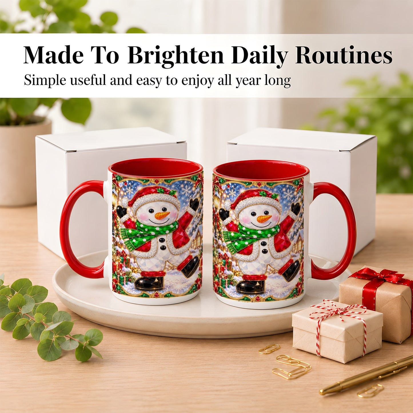 #pl[15oz|Red] Christmas Snowman Coffee Mug, Holiday Snowman Mug, Ceramic Cup