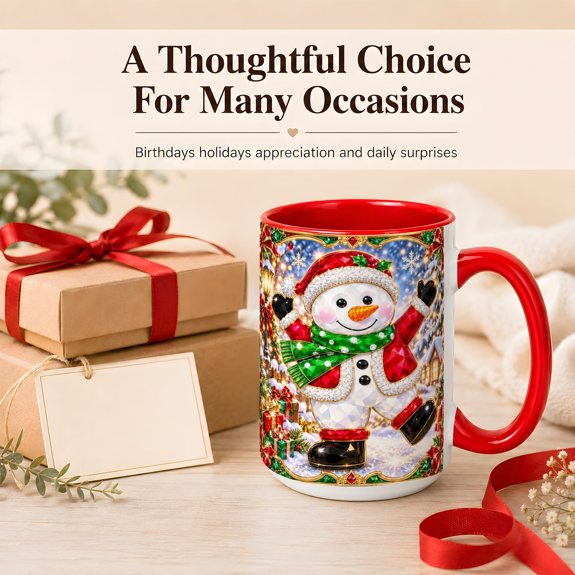 #pl[15oz|Red] Christmas Snowman Coffee Mug, Holiday Snowman Mug, Ceramic Cup
