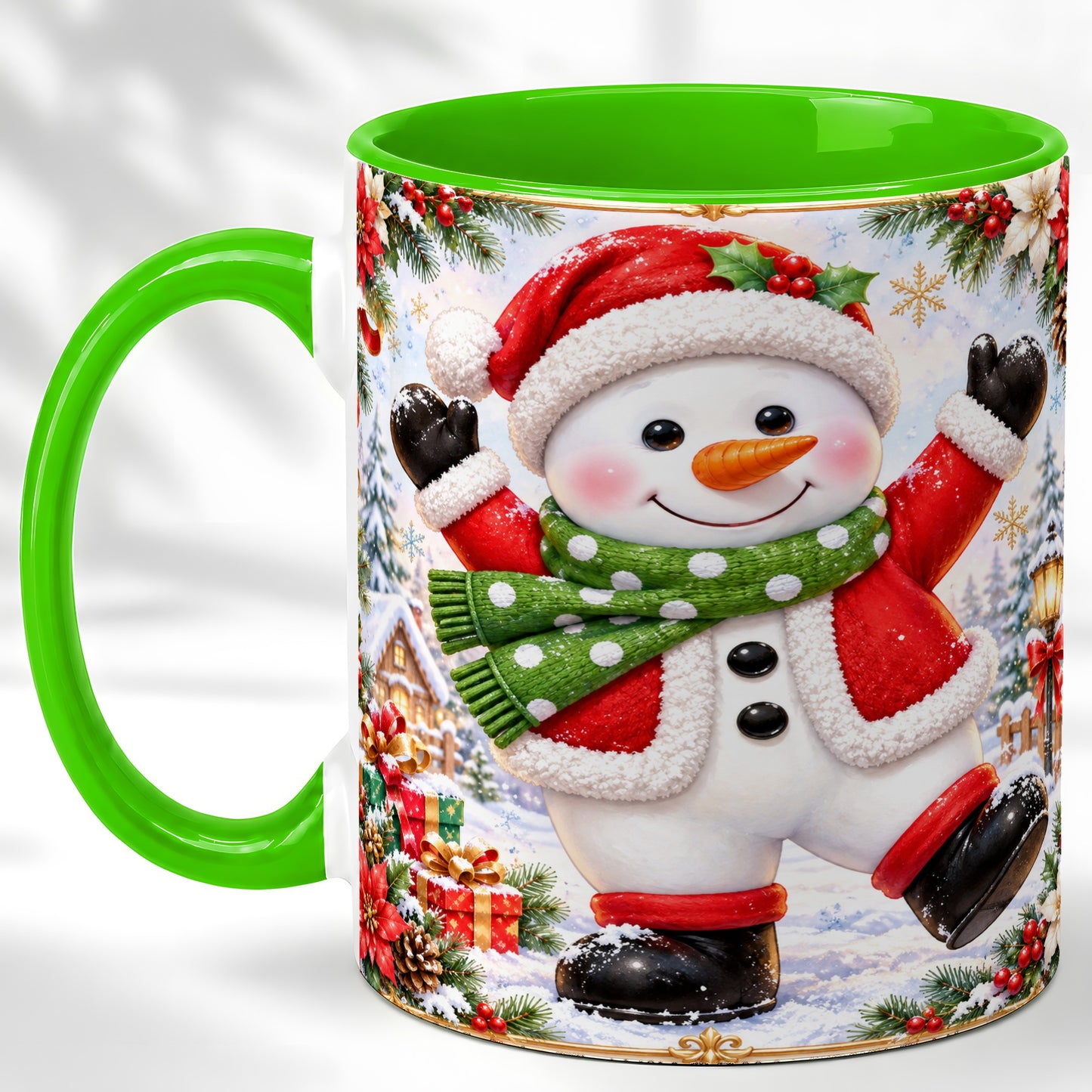 #pl[11oz|Green] Christmas Snowman Coffee Mug, Festive Snowman Mug, Ceramic Cup