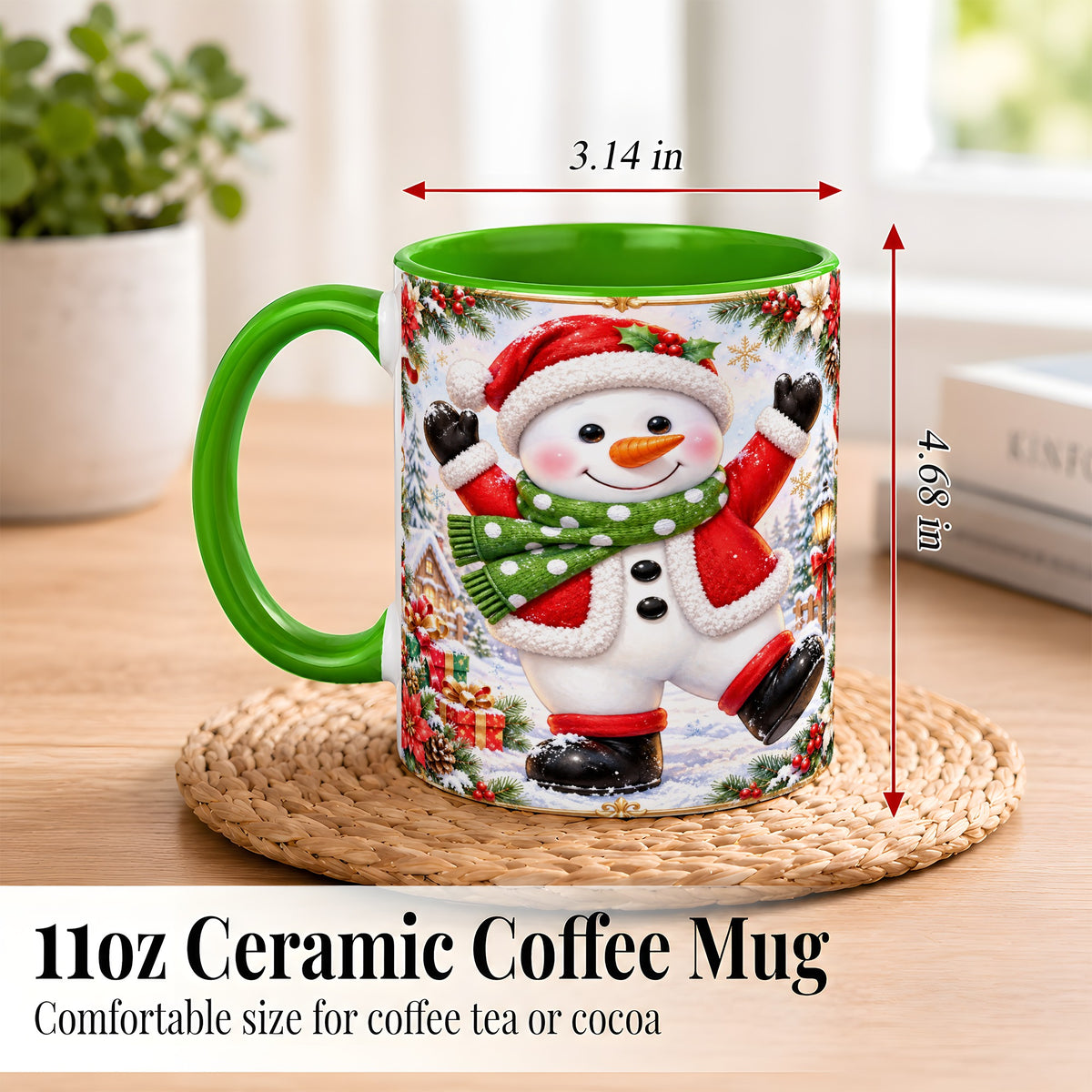 #pl[11oz|Green] Christmas Snowman Coffee Mug, Festive Snowman Mug, Ceramic Cup