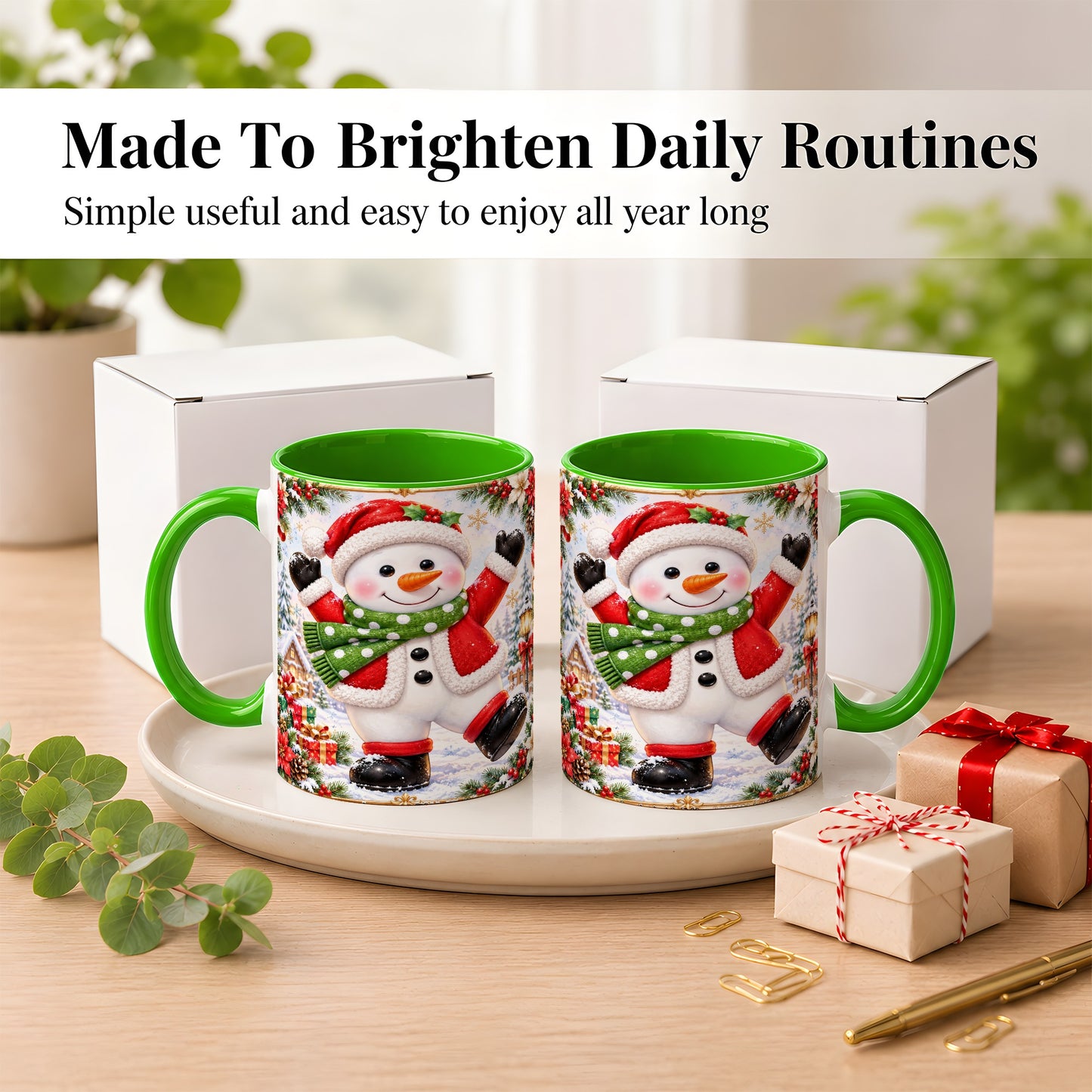 #pl[11oz|Green] Christmas Snowman Coffee Mug, Festive Snowman Mug, Ceramic Cup