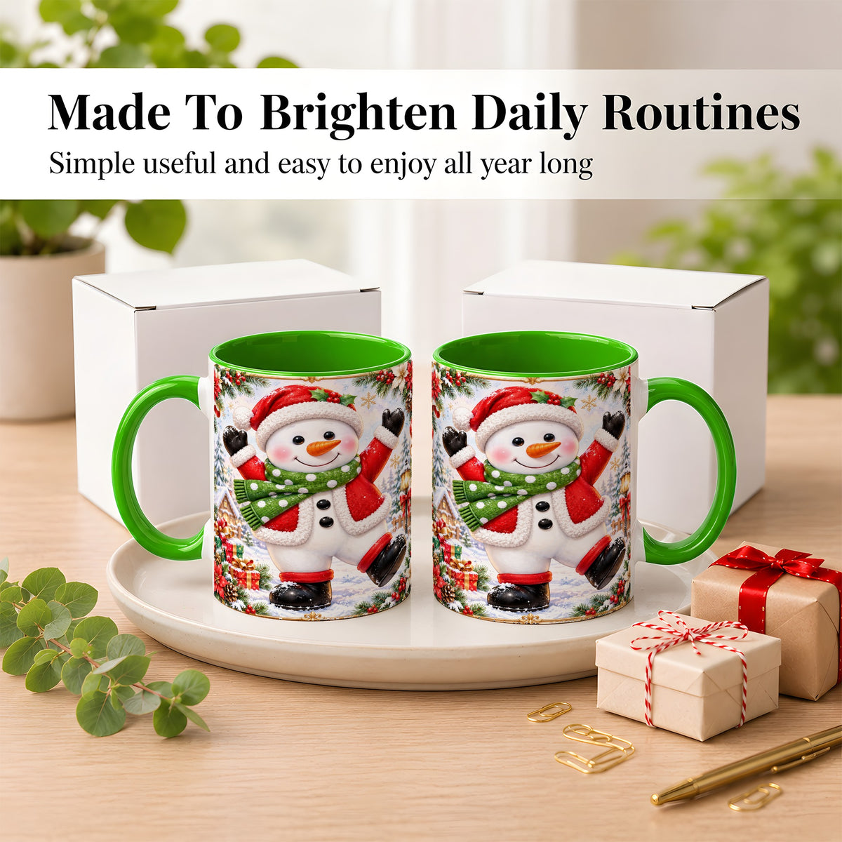 #pl[11oz|Green] Christmas Snowman Coffee Mug, Festive Snowman Mug, Ceramic Cup