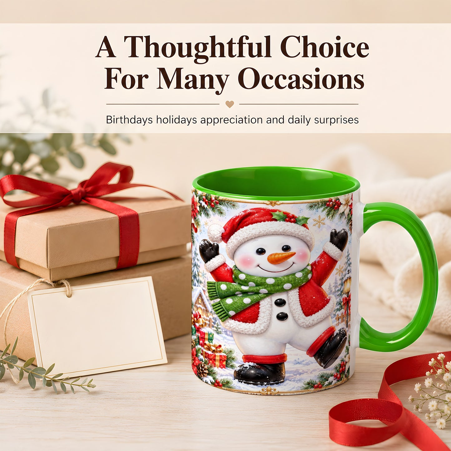 #pl[11oz|Green] Christmas Snowman Coffee Mug, Festive Snowman Mug, Ceramic Cup