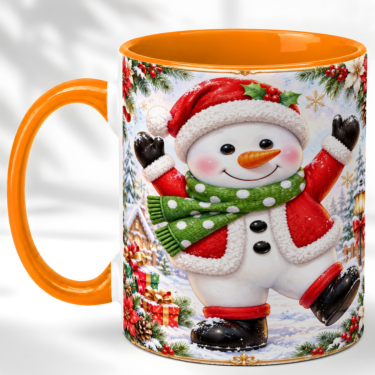 #pl[11oz|Orange] Christmas Snowman Coffee Mug, Festive Snowman Mug, Ceramic Cup