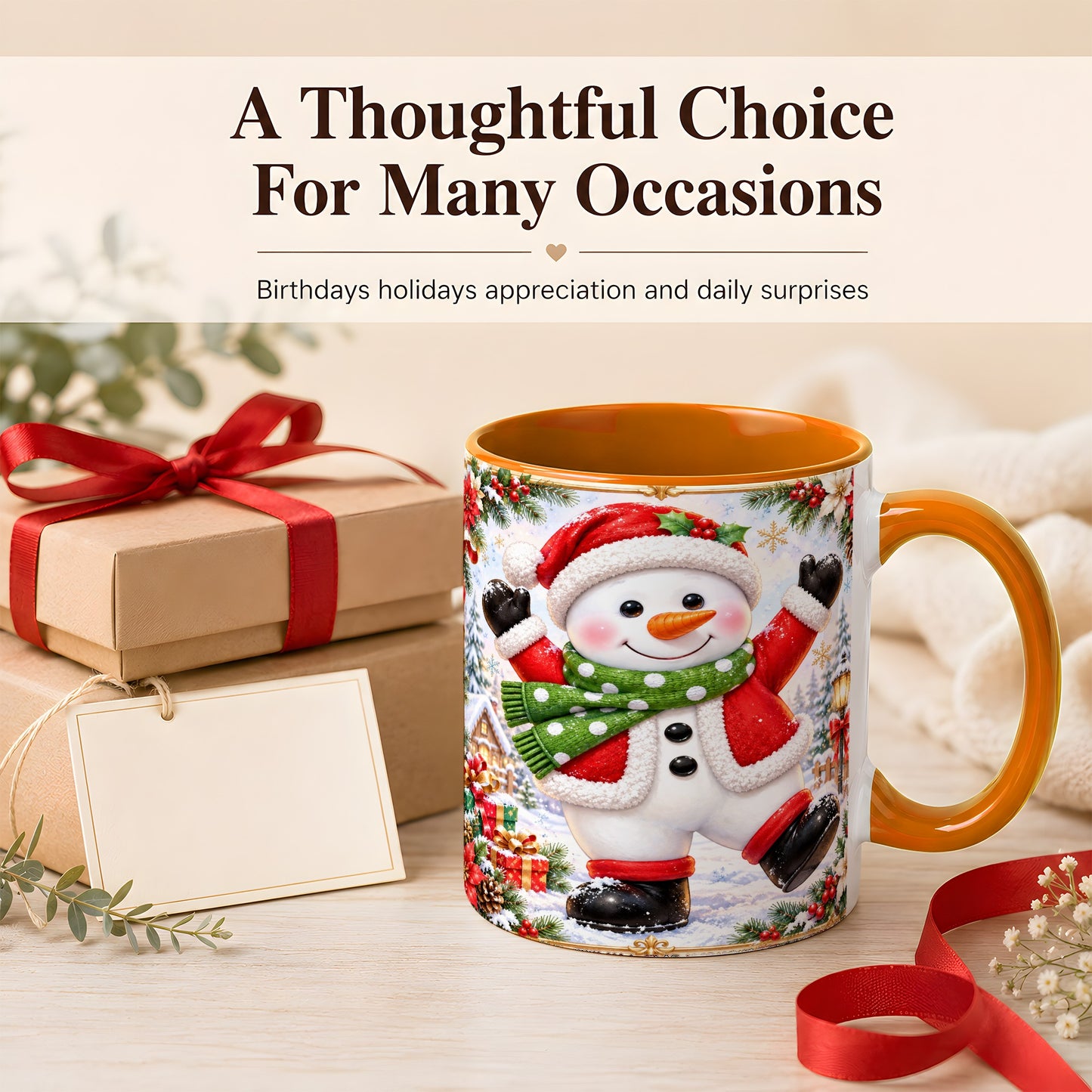 #pl[11oz|Orange] Christmas Snowman Coffee Mug, Festive Snowman Mug, Ceramic Cup