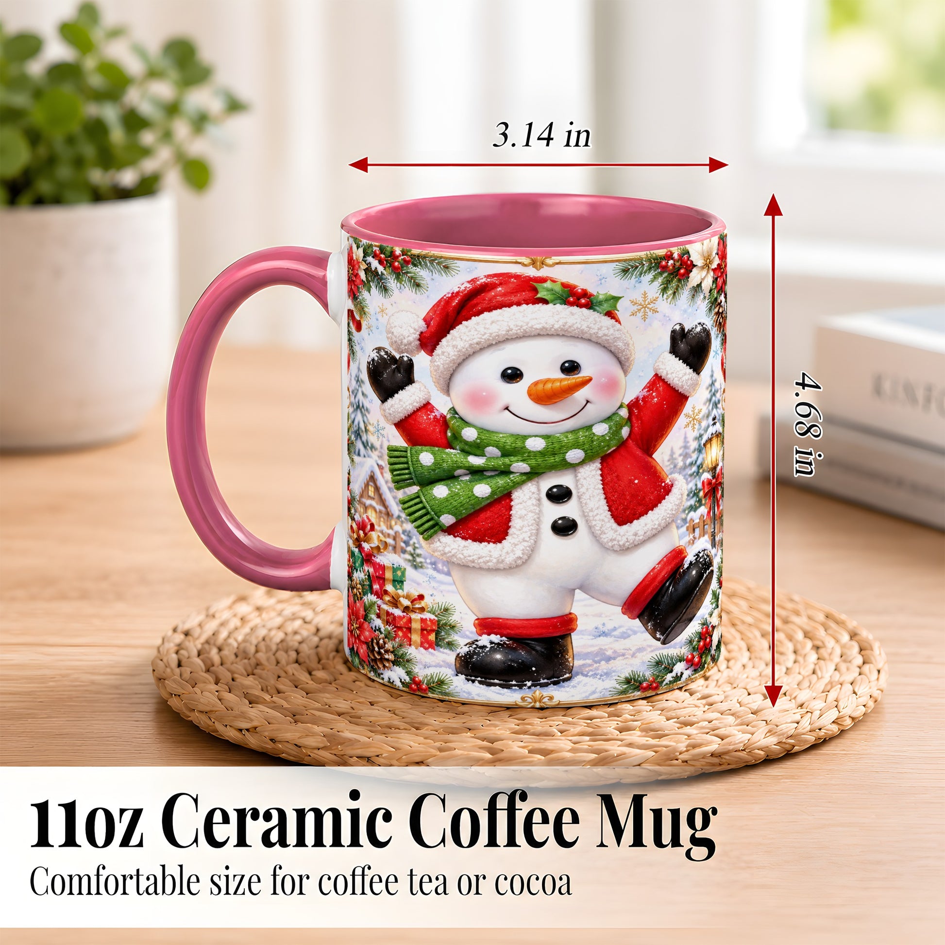 #pl[11oz|Pink] Christmas Snowman Coffee Mug, Festive Snowman Mug, Ceramic Cup