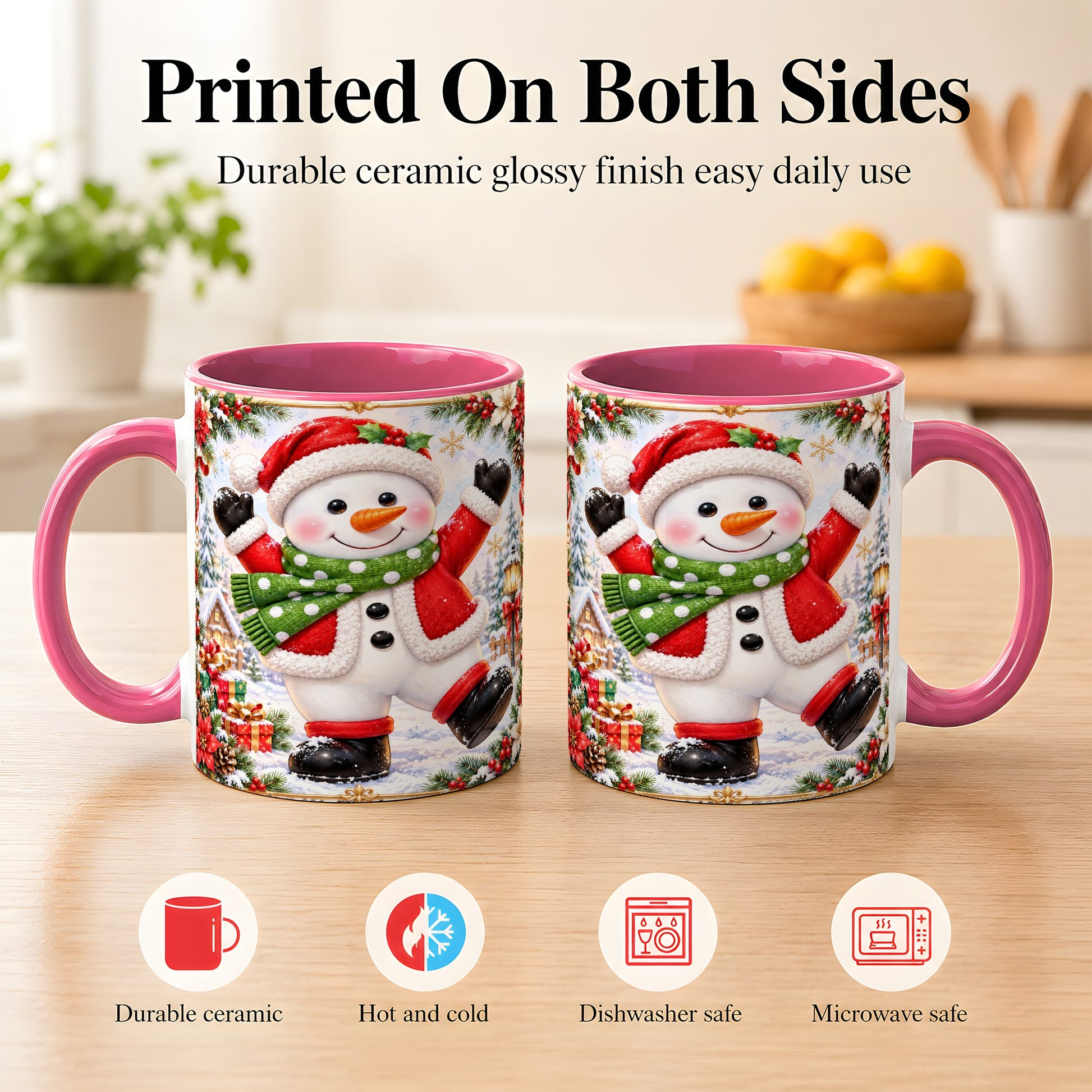 #pl[11oz|Pink] Christmas Snowman Coffee Mug, Festive Snowman Mug, Ceramic Cup