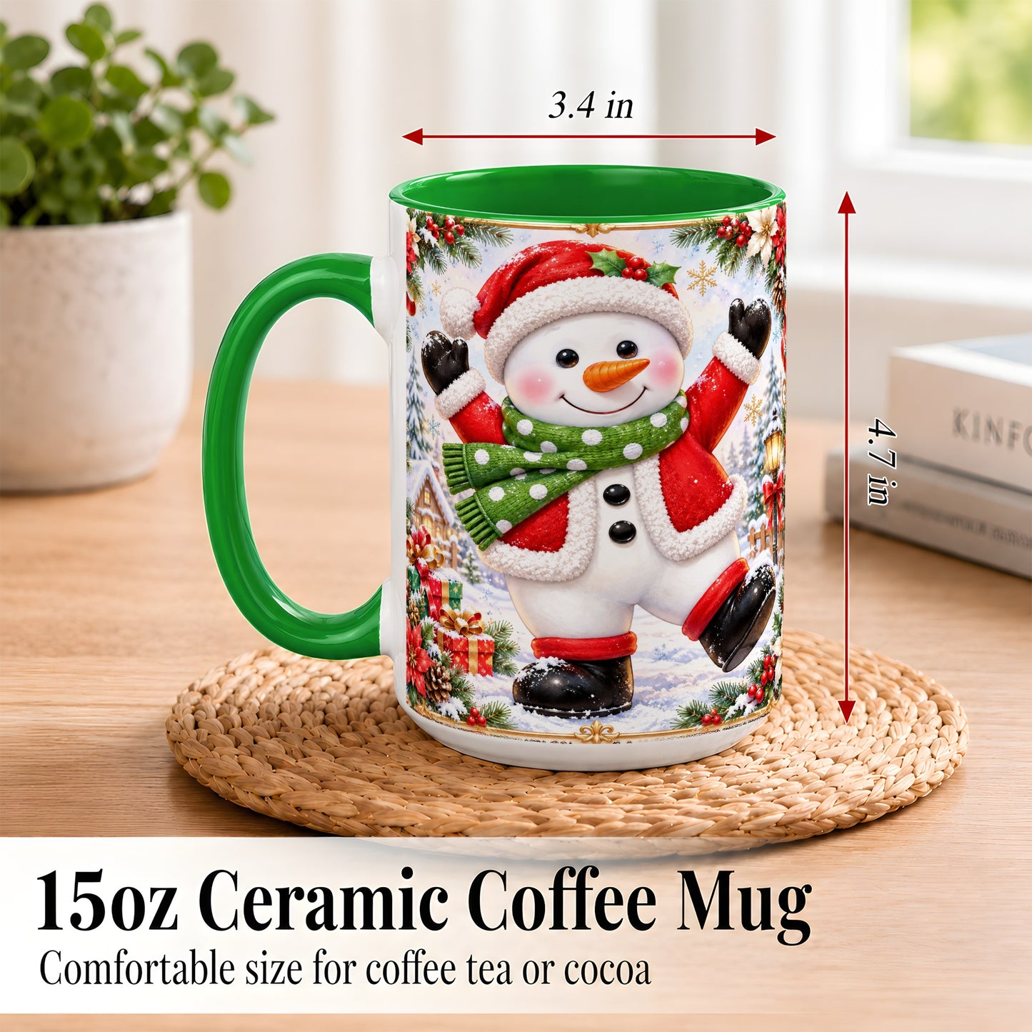#pl[15oz|Green] Christmas Snowman Coffee Mug, Festive Snowman Mug, Ceramic Cup
