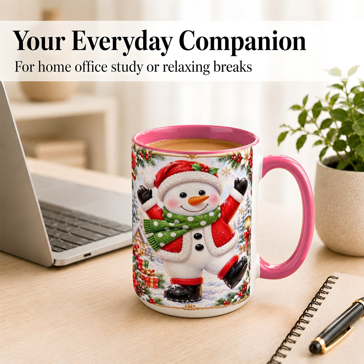 #pl[15oz|Pink] Christmas Snowman Coffee Mug, Festive Snowman Mug, Ceramic Cup