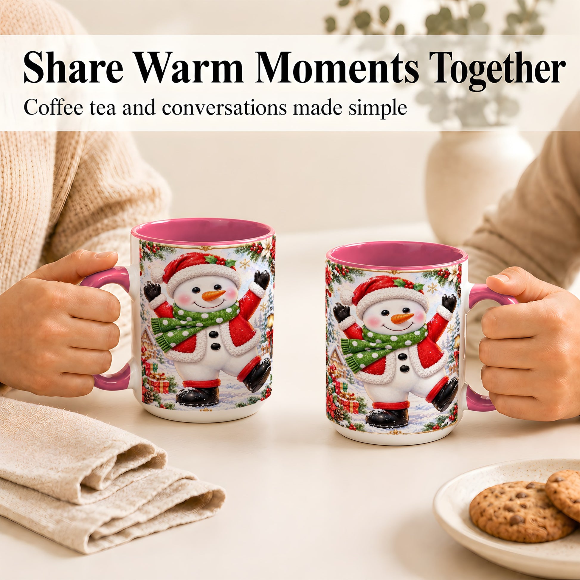#pl[15oz|Pink] Christmas Snowman Coffee Mug, Festive Snowman Mug, Ceramic Cup