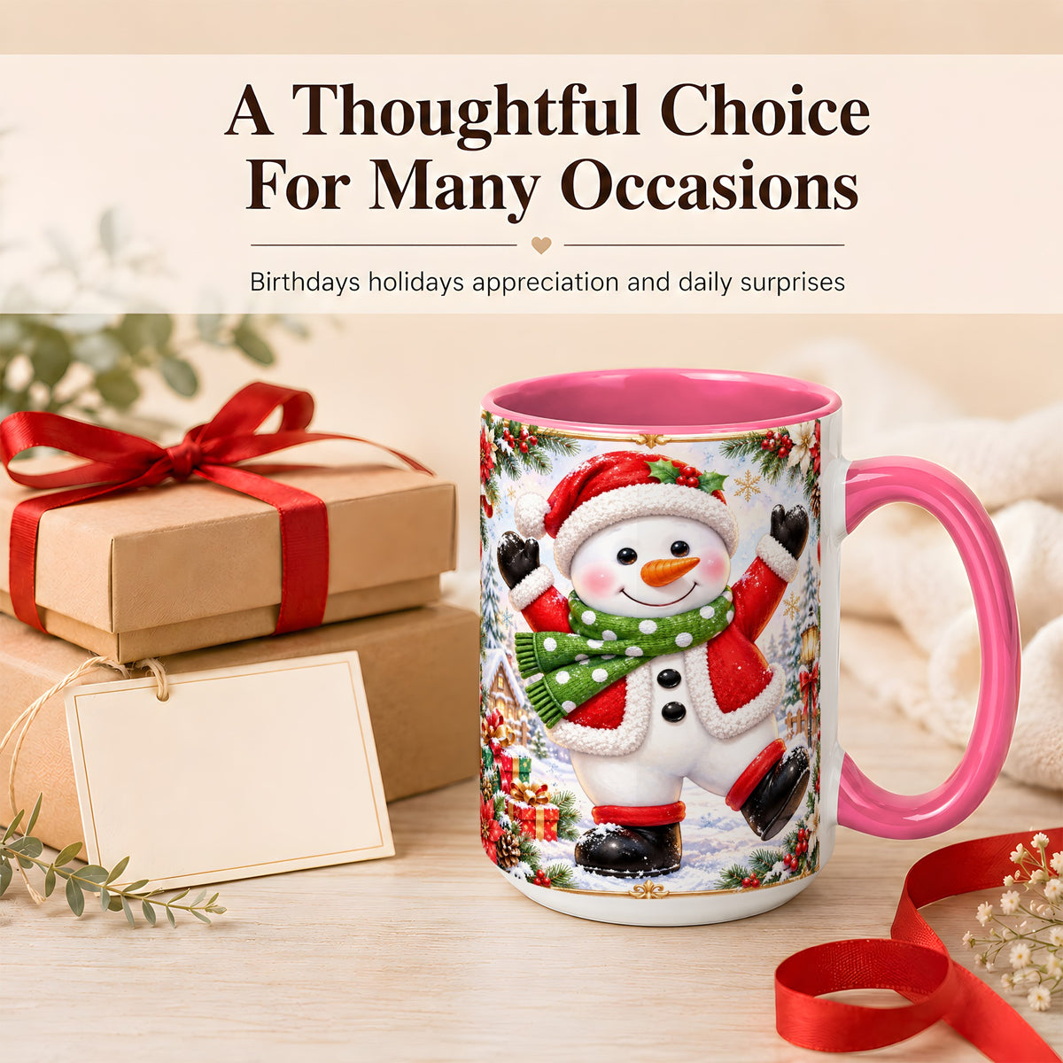 #pl[15oz|Pink] Christmas Snowman Coffee Mug, Festive Snowman Mug, Ceramic Cup