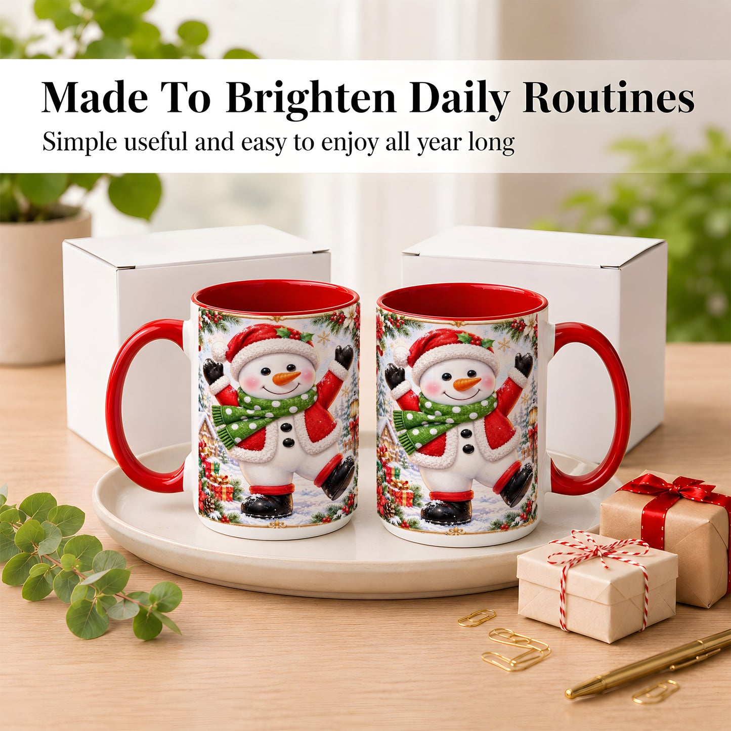 #pl[15oz|Red] Christmas Snowman Coffee Mug, Festive Snowman Mug, Ceramic Cup