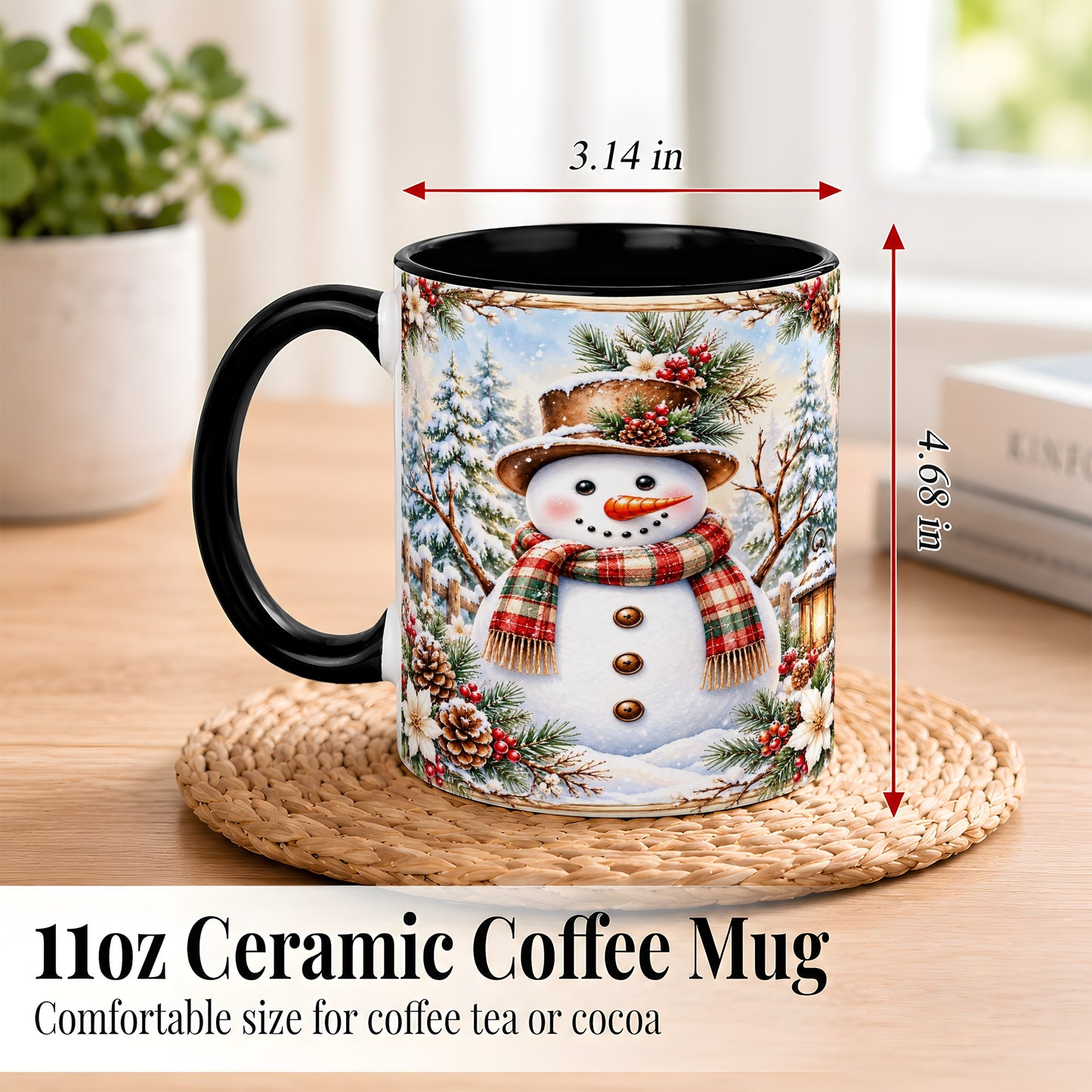 #pl[11oz|Black] Rustic Snowman Coffee Mug, Winter Snowman Mug, Ceramic Cup