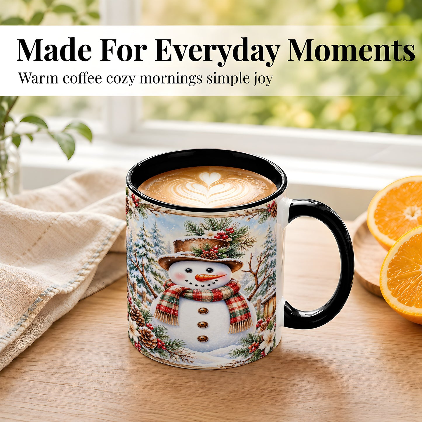 #pl[11oz|Black] Rustic Snowman Coffee Mug, Winter Snowman Mug, Ceramic Cup