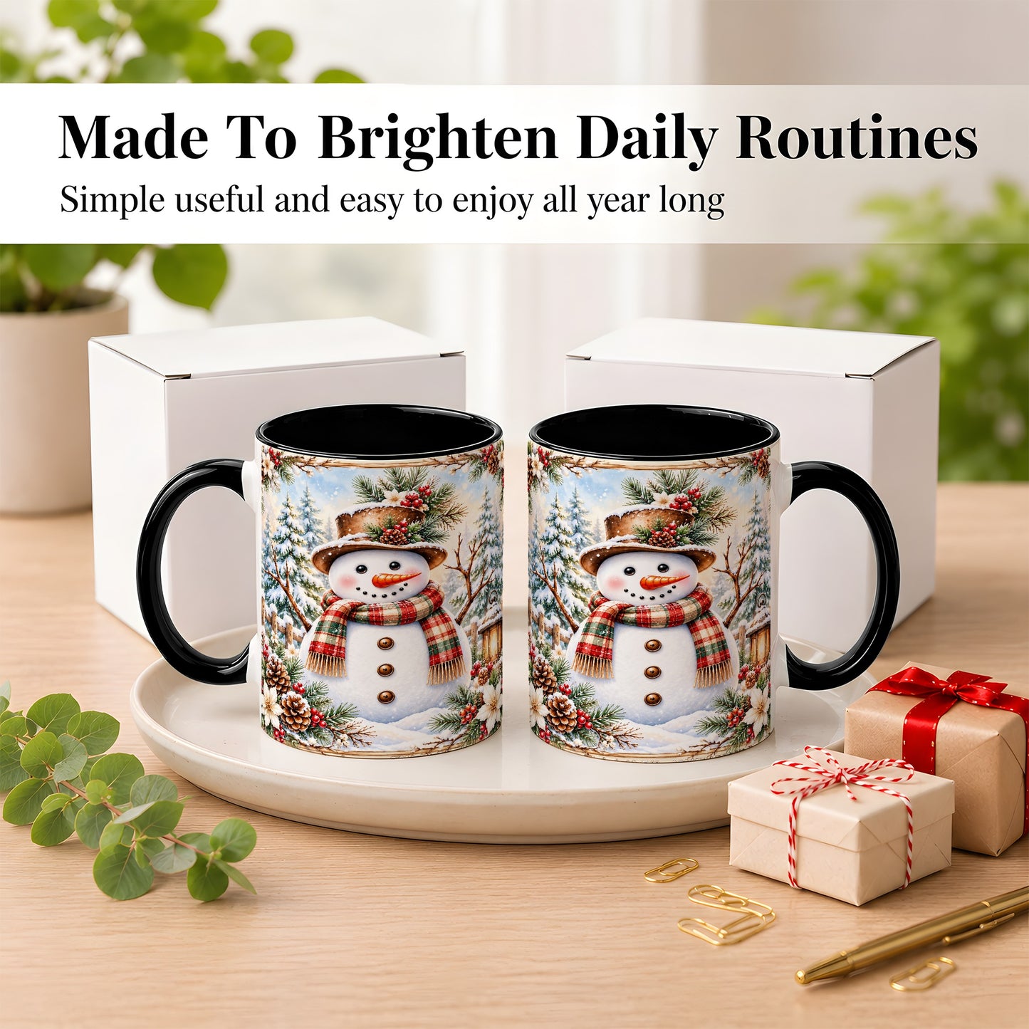 #pl[11oz|Black] Rustic Snowman Coffee Mug, Winter Snowman Mug, Ceramic Cup