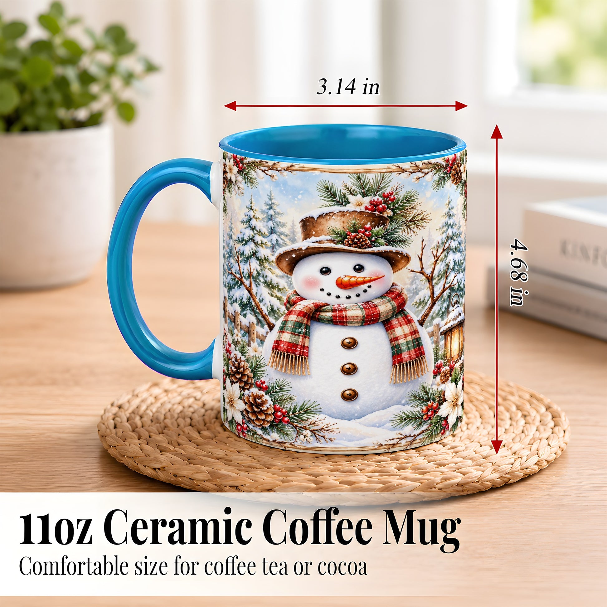 #pl[11oz|Blue] Rustic Snowman Coffee Mug, Winter Snowman Mug, Ceramic Cup