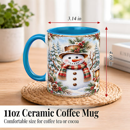 #pl[11oz|Blue] Rustic Snowman Coffee Mug, Winter Snowman Mug, Ceramic Cup