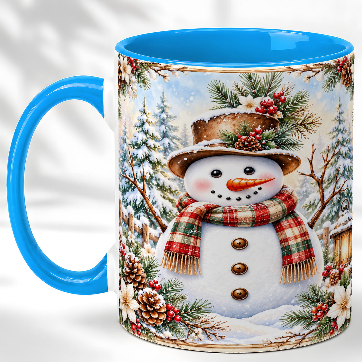#pl[11oz|Blue] Rustic Snowman Coffee Mug, Winter Snowman Mug, Ceramic Cup