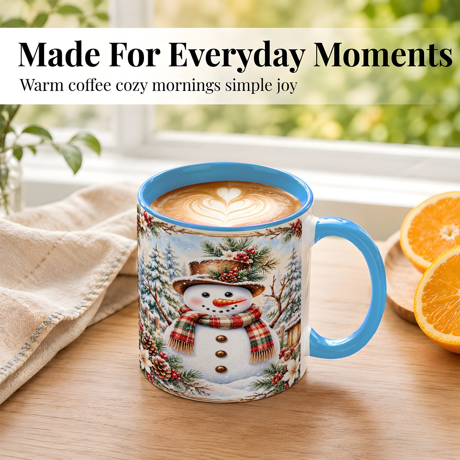 #pl[11oz|Blue] Rustic Snowman Coffee Mug, Winter Snowman Mug, Ceramic Cup