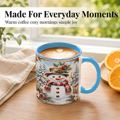 #pl[11oz|Blue] Rustic Snowman Coffee Mug, Winter Snowman Mug, Ceramic Cup